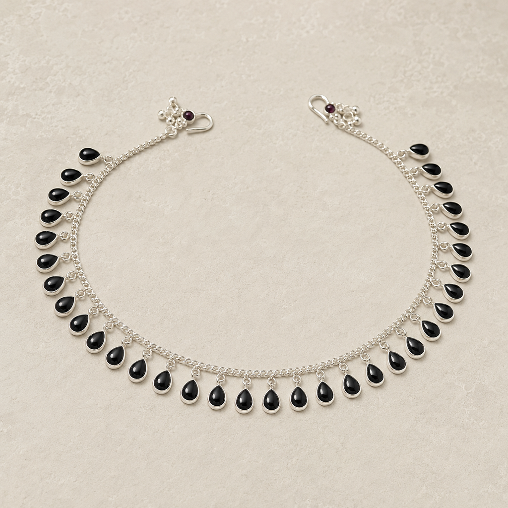 Black Tear Drop Anklet in 92.5 silver, clean product view