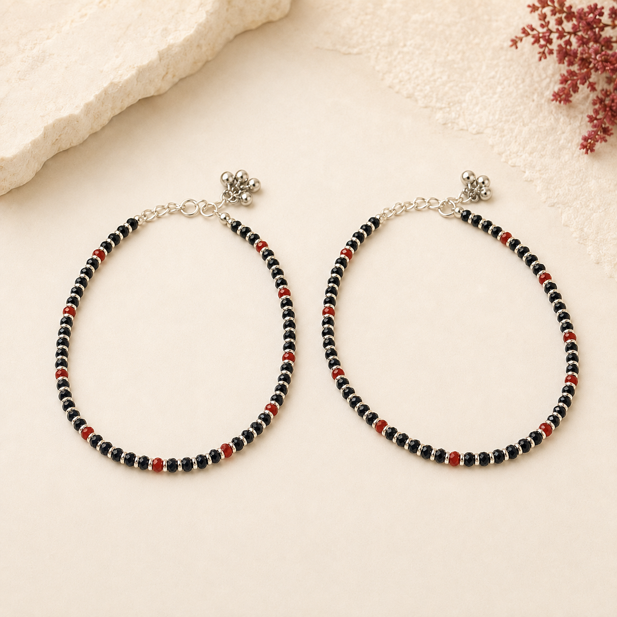 Black and red bead 92.5 silver anklet pair product view