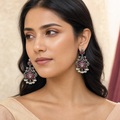 Intricate Pink Stone Chandbali earrings worn on ears
